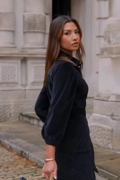 Black Velvet Puff Sleeve Popper Front Midi Dress -Trendora Shop 0171385acd1e86878240b6230ffbdd3c27071230