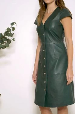 Dark Green Leather V Neck Popper Front Dress -Trendora Shop 09bbd7feb13d2fc3f6d2121bb24d2d808601b340