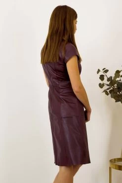 Burgundy Luxury Leather Zip Front Fit & Flare Dress -Trendora Shop 121c11fbda7da487f59050b800505b4d81224ce2