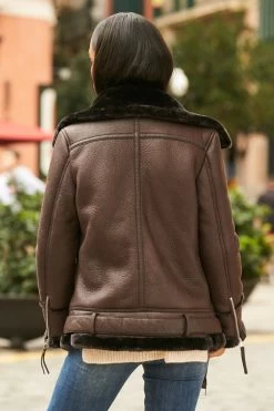 Chocolate Brown Faux Shearling Biker Jacket -Trendora Shop 12 a19ol004pt0004 185
