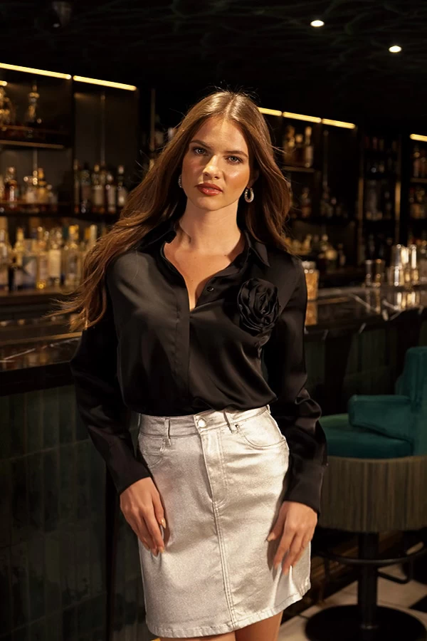Black Luxe Satin Corsage Detail Shirt 6 Black Luxe Satin Corsage Detail Shirt - Image 6
