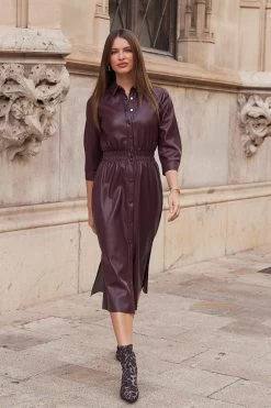 Burgundy Shirred Waist Popper Front Shirt Dress -Trendora Shop 183c457c5e010dee5376586bcd2377aa9772b179