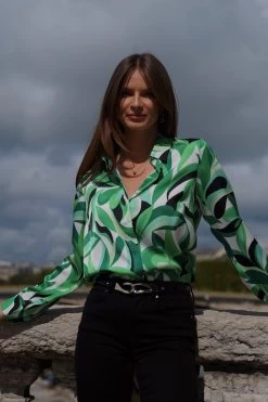 Green Floral Satin Shirt -Trendora Shop 184550c0bc72c04bb412d80797114c2f5e159e72