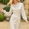Champagne Gold Sequin High Neck Belted Shift Dress