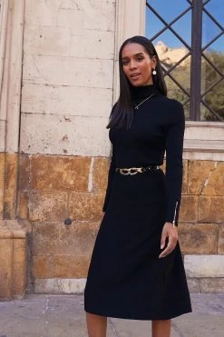 Black Roll Neck Zip Detail Fit & Flare Knitted Dress -Trendora Shop 21b35898d04a10e1a2d87d249f1433eb960aace0