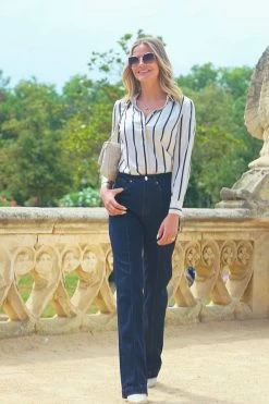 Ivory & Navy Blue Stripe Satin Shirt -Trendora Shop 21f140dfc41f85521d544a5e237730338fd2e642