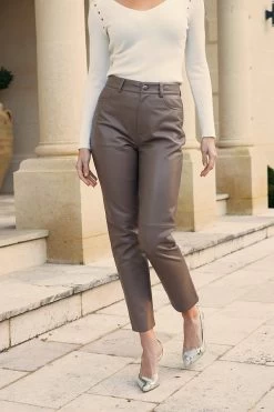 Taupe Leather Straight Leg Trousers 19 Taupe Leather Straight Leg Trousers -Trendora Shop 258f13c1bfb20b4af332415287d91e2c264c602c