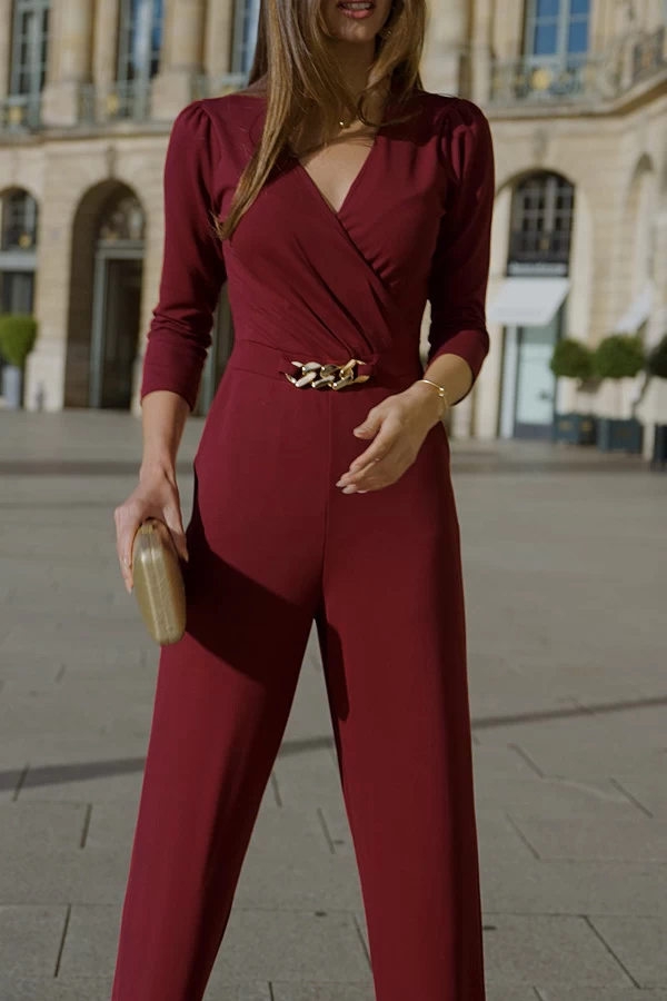 Burgundy Faux Wrap Chain Detail Wide Leg Jumpsuit 6 Burgundy Faux Wrap Chain Detail Wide Leg Jumpsuit - Image 6