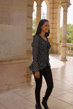 Black Spot Print Ruffle Detail Blouse With Corsage -Trendora Shop 2658a654f513a22900fc7f18539a82dd2359a6b0