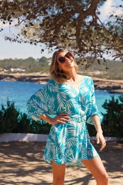 Sky Blue & White Palm Print Tie Waist Beach Dress -Trendora Shop 2d5899ba1cf2ed2a50d880267339f436e606850e