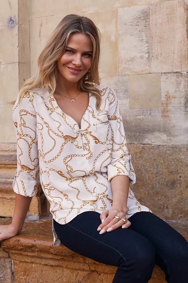 Ivory Chain Print Zip Front Tunic Top 4 Ivory Chain Print Zip Front Tunic Top - Image 4