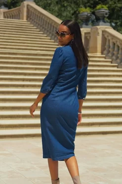 Indigo Blue Ruched Waist Denim Midi Dress -Trendora Shop 2fae39e0af316edc59dfee720326f107b98b4817