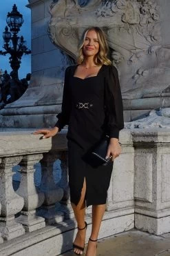 Black Sweetheart Neckline Pencil Dress With Sheer Sleeve Detail -Trendora Shop 351e3362c61c9d551de116740d11ca0a3fae91fd