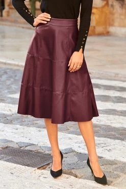 Burgundy Leather Look Panelled A-Line Midi Skirt -Trendora Shop 35 s20sp002 a20tk001bk 185 burgundy rt