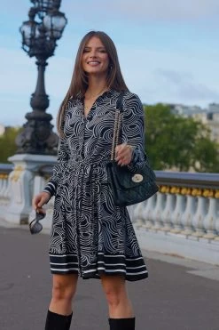 Black & White Geometric Print Fit & Flare Shirt Dress -Trendora Shop 3b7619ce80a9281a48571eba86ce1a41b5b01cb3