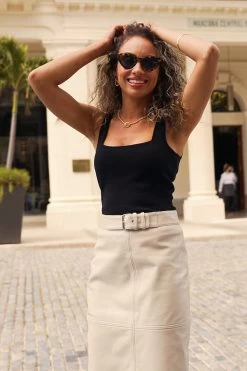 Ecru Leather Buckle Detail Pencil Skirt -Trendora Shop 3c4ff9969cdf4ad5a017d9c41e0e4ad663020543