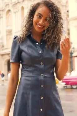 Navy Blue Faux Leather Short Sleeve Popper Front Shirt Dress -Trendora Shop 3c7122475145428327196402d544b313