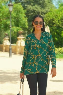 Green Chain Print Tunic Blouse -Trendora Shop 41552530df064f1cada4537da9863b96c4281765