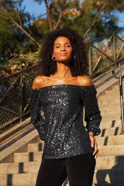 Black Sequin Luxe Bardot Top 11 Black Sequin Luxe Bardot Top -Trendora Shop 45fd6b3cd167abec0eb97957c75039b9b29692bf