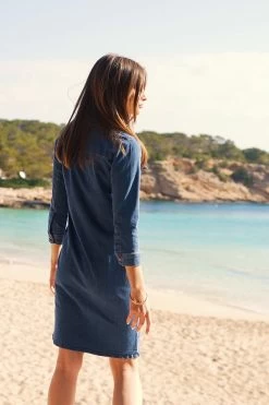 Mid Blue Denim Button Front Shift Dress -Trendora Shop 4d09ba4d0b3a8a620c22a722948d3024f2baec3d