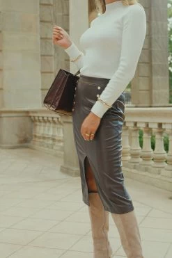 Chocolate Brown Faux Leather Pencil Skirt With Gold Buttons -Trendora Shop 4e103a39e34683e7d07d60543f5df7fe00dc6821
