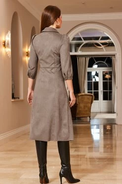 Taupe Faux Suede Popper Front Shirt Dress -Trendora Shop 50 a22dp006bn0003 086 taupe rt2