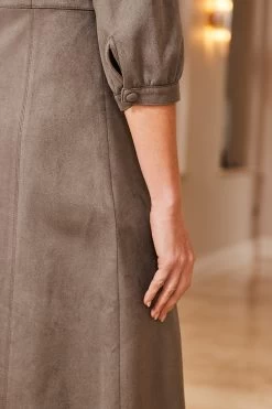 Taupe Faux Suede Popper Front Shirt Dress -Trendora Shop 50 a22dp006bn0003 105 taupe rt2