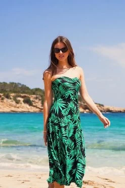 Black & Green Palm Print Ruched Front Bandeau Jersey Dress -Trendora Shop 5289f9f75e492eb111d61b979a236e5616f98e35