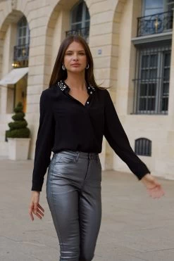 Black Premium Embellished Collar Shirt -Trendora Shop 603e4c4c38bf0b18d8082082ab78d5258b4fb86e