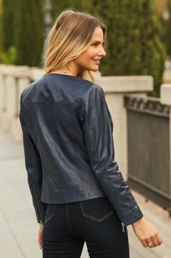 Navy Blue Zip Front Round Neck Leather Jacket -Trendora Shop 60 s22tw005blfl 140