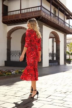 Red Animal Print Ruffle Hem Fit & Flare Midi Dress -Trendora Shop 6533ae7db37d62943006571d64028cf326799786
