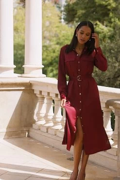 Burgundy Satin Utility Shirt Dress -Trendora Shop 67073fc0bda4bcd63b1dd8db43cea869b7652e65