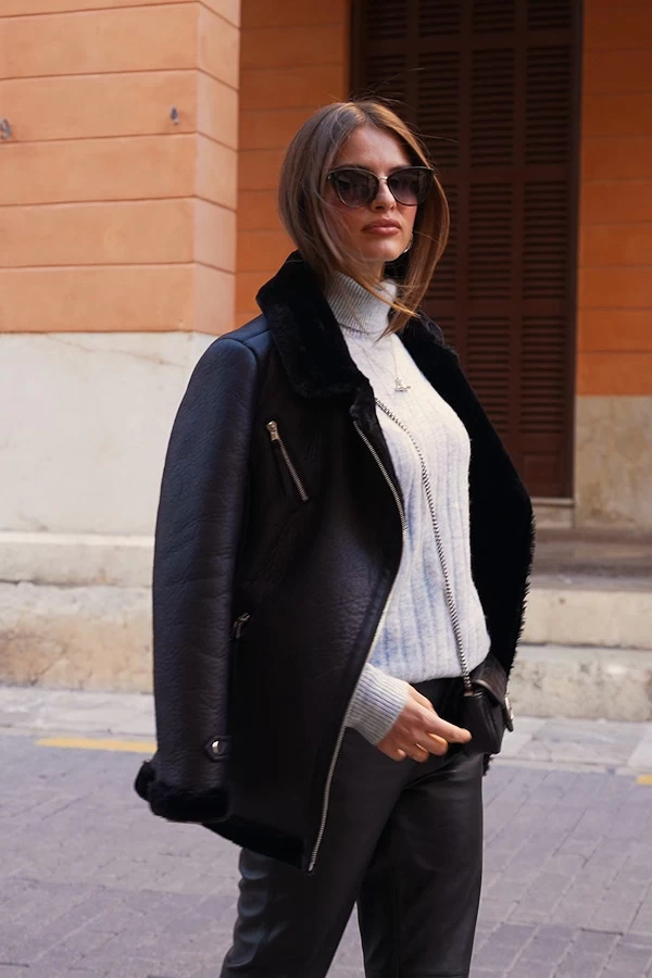 Black Faux Shearling Belted Biker Jacket 8 Black Faux Shearling Belted Biker Jacket - Image 8