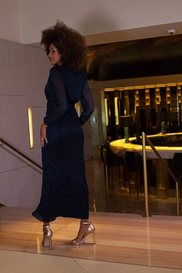 Sapphire Blue Sparkle Plisse Sheer Sleeve Maxi Dress 6 Sapphire Blue Sparkle Plisse Sheer Sleeve Maxi Dress - Image 6