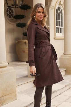 Chocolate Faux Suede Belted Trench Coat -Trendora Shop 75a74096d959f7a1d2a89b28cefd6058b7843038