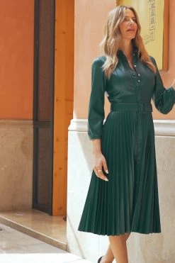 Dark Green Faux Leather Pleated Midi Dress 11 Dark Green Faux Leather Pleated Midi Dress -Trendora Shop 76036418bbb98fcaf57f40cdcf875fd8d3385d19