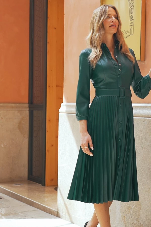 Dark Green Faux Leather Pleated Midi Dress 6 Dark Green Faux Leather Pleated Midi Dress - Image 6