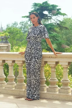 Black & White Mono Print Satin Angel Sleeve Wide Leg Jumpsuit 9 Black & White Mono Print Satin Angel Sleeve Wide Leg Jumpsuit -Trendora Shop 799df2a9813f66e59d6be90f8b2ae46c5a964571