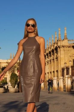 Taupe Premium Leather Halter Neck Dress -Trendora Shop 79ac2a48c4de5afe195c42537cc25e070b377140