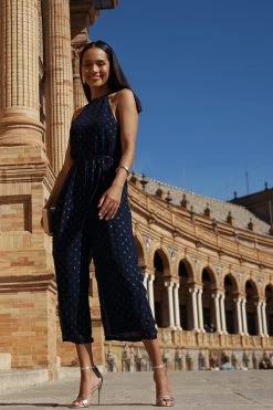 Navy Blue & Gold Spot Print Halter Neck Jumpsuit 9 Navy Blue & Gold Spot Print Halter Neck Jumpsuit -Trendora Shop 7c2874a5a929f50064df38977ffd3a7a688c6ab3