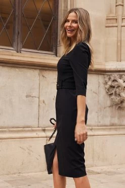 Black Ruched Shoulder Belted Pencil Dress -Trendora Shop 7fbe6b1511613fa4a41556bdb2788e847fba4c68