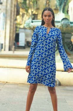 Blue Chain Print Tab Detail Shift Dress -Trendora Shop 808c44057d51ad1512f12acad2fea37e451f77c9