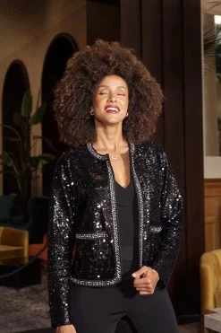 Black Premium Sequin Contrast Trim Jacket -Trendora Shop 80af9a150a3880fbf7ceb9b765b3d909710bc877