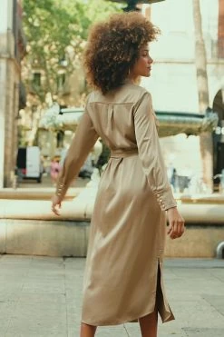Camel Satin Belted Midi Shirt Dress -Trendora Shop 826e91cb9aacb6537839493604162e58c23cbae1