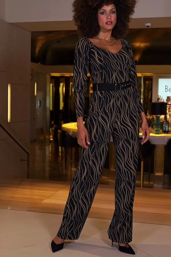 Brown & Black Geometric Print Wide Leg Jumpsuit With Belt 7 Brown & Black Geometric Print Wide Leg Jumpsuit With Belt - Image 7