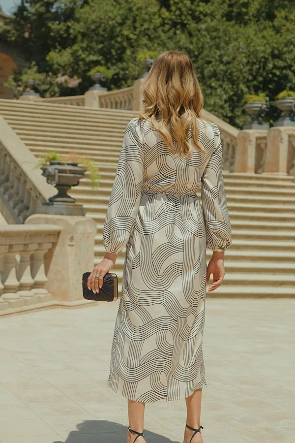 White & Black Geometric Print Satin Wrap Dress 7 White & Black Geometric Print Satin Wrap Dress - Image 7