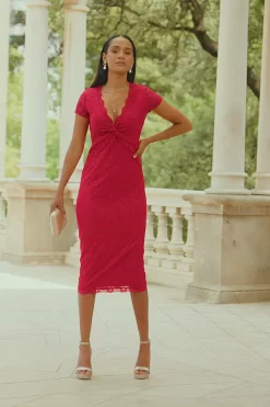 Raspberry Pink Short Sleeve Lace Jersey Dress -Trendora Shop 89284137f7cf7c3a14dcbefc023bbca6f7e66cb2