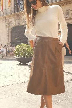 Tan Leather A-Line Skirt With Pockets -Trendora Shop 8d50c9dab245687335ed83c2393e9b6d0bb7e369