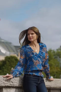 Blue Multi Print Frill Detail Shirred Hem Blouse -Trendora Shop 8deb0ead73882bc15633b9bcfab045bd692e236f