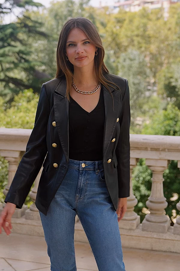 Black Leather Blazer With Gold Button Detail 7 Black Leather Blazer With Gold Button Detail - Image 7
